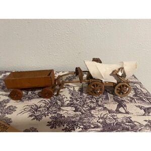 Vintage Handmade Wooden Covered Wagon and Trailer Set Rustic Western Folk Art